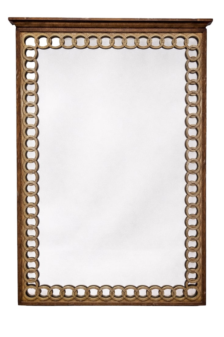 1973 Italian Palladio Neoclassical Wood Framed Wall Mirror: Italian Palladio wooden frame wall mirror, dated February 1973, featuring a refined Neoclassical design inspired by classical architectural ornament. The rectangular frame is decorated with a continuo