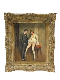 Rare c. 1900 European Genre Painting of Man & Woman in Intimate Scene