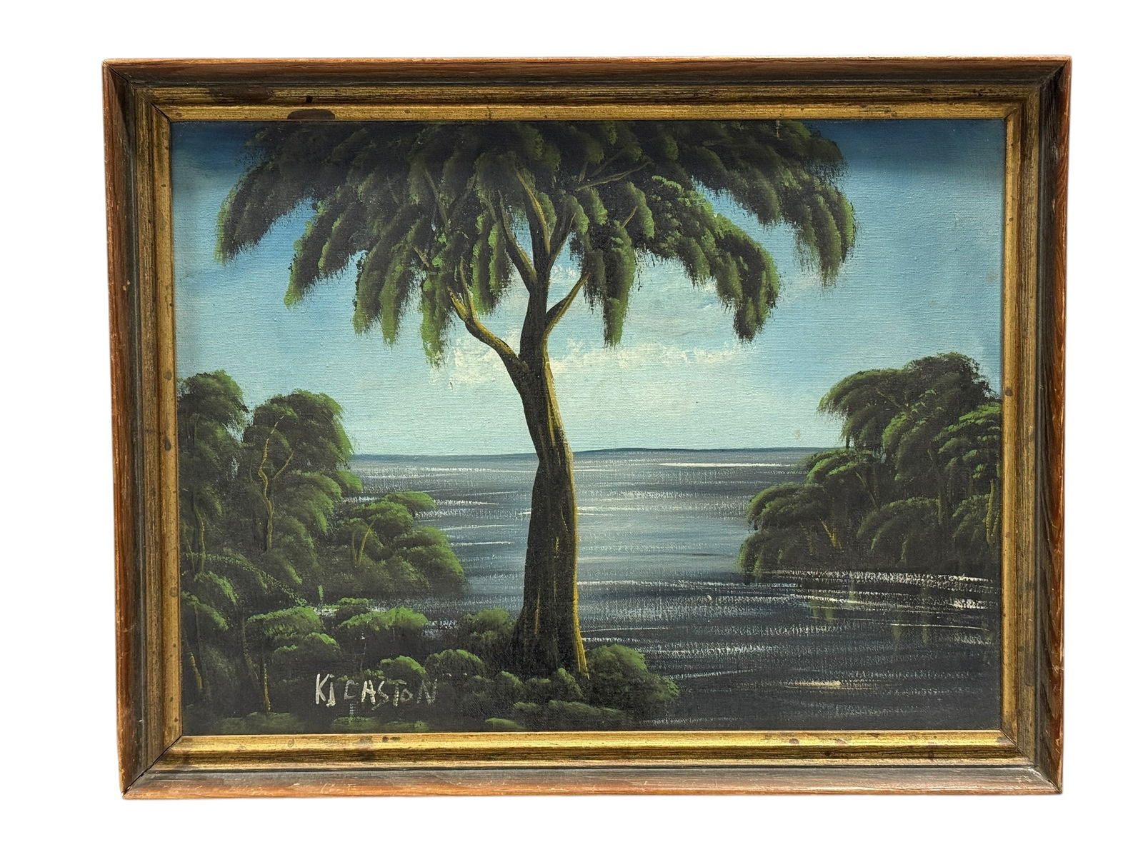 Signed Kichston "Florida Highwaymen Style" Oil Painting of Palms: Mid-20th century oil on board painting depicting a tranquil Florida landscape with a central palm tree rising from marshland, flanked by lush foliage and reflective waterways. Executed in the Florida