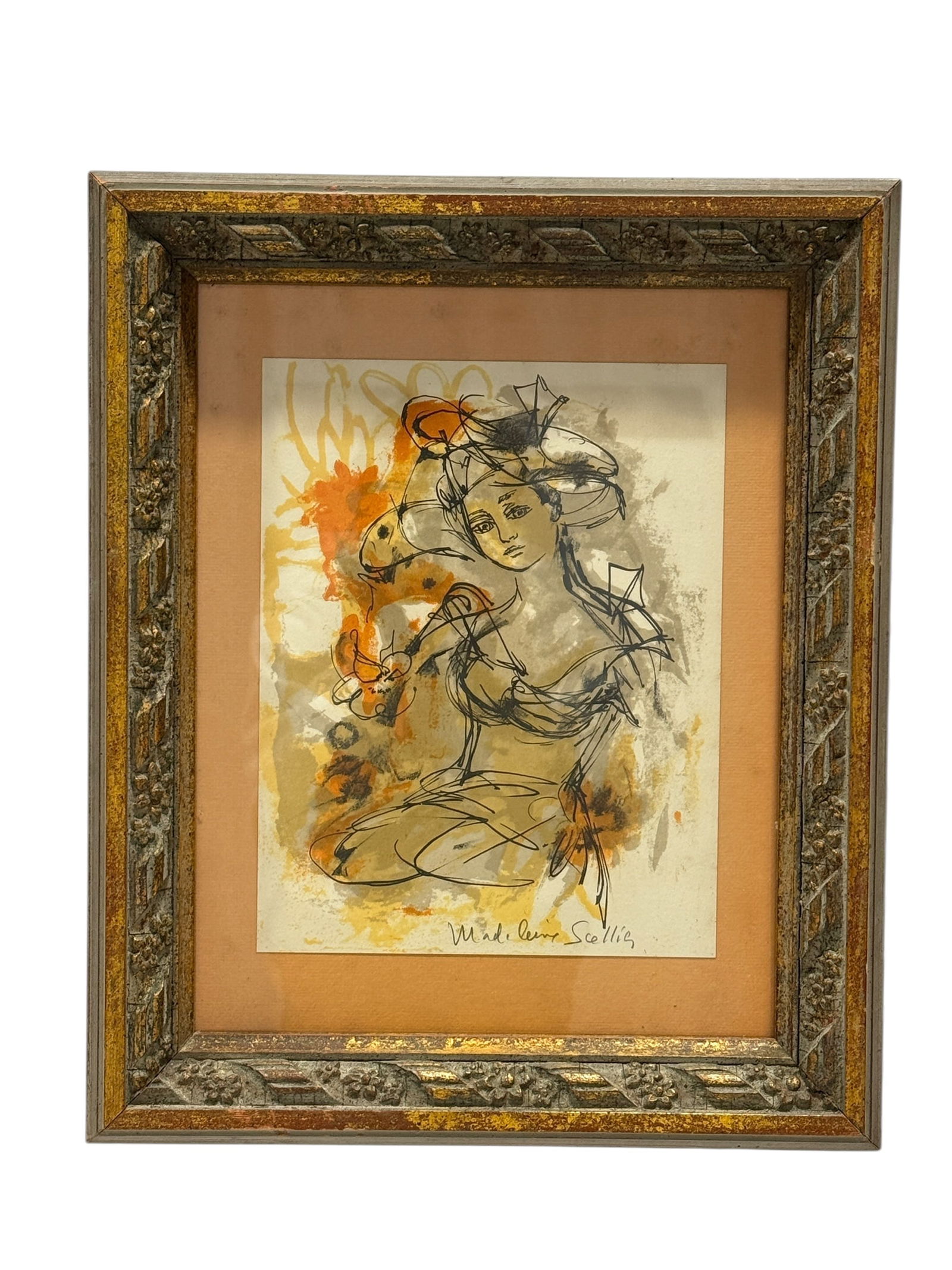 Signed Madeline Scellier Mid-20th Century “Jeune Fille" Orig. Lithograph: Original lithograph titled “Jeune Fille” by French artist Madeline Scellier, depicting a softly abstracted young female figure rendered with expressive black line work over warm washes of ochr
