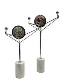 MCM Chrome & Stone Abstract Sculptures w/ Wood Spheres (Pair)