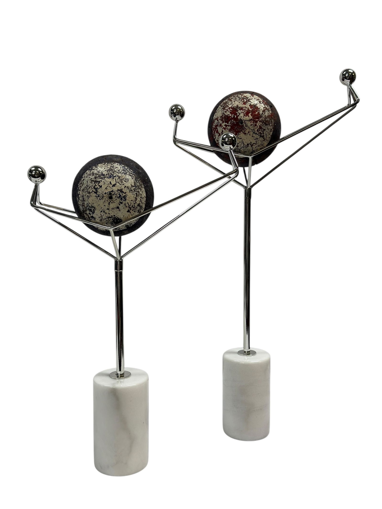 MCM Chrome & Stone Abstract Sculptures w/ Wood Spheres (Pair): A compelling pair of Mid-Century Modern abstract sculptures, dating to the mid-20th century, executed in polished chrome with carved wooden spherical elements. Each figure is rendered in a dynamic, ce