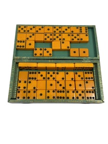 Early–Mid 20th C. French Painted Game Box w/ Bakelite Dominoes