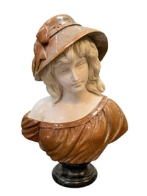 Mid 20th C. Italian 2 Tone Solid Marble Bust of a Woman