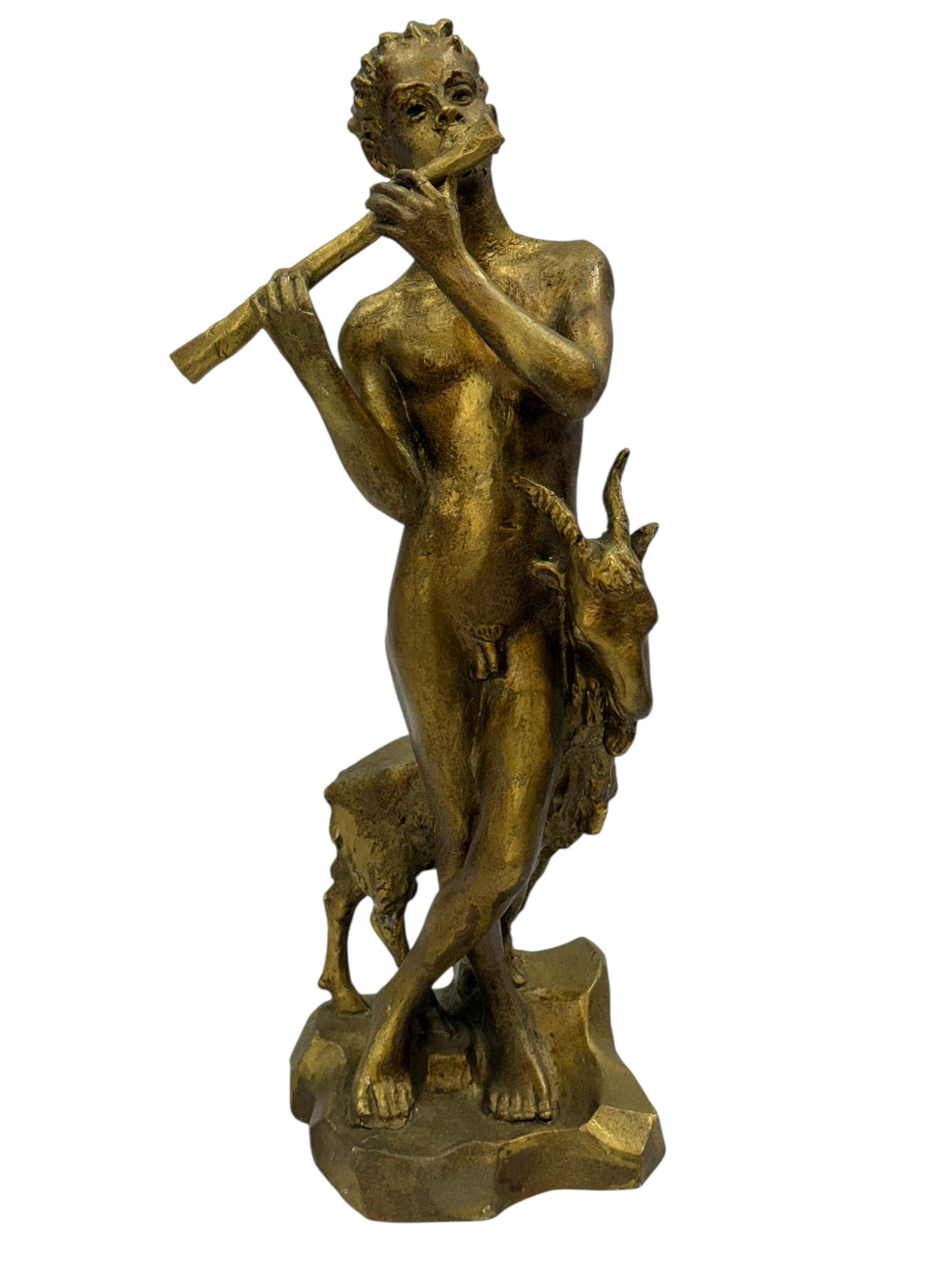 Early 20th C. Art Deco Gilt Plaster Flute Player Sculpture: Striking Art Deco gilt plaster figure depicting a nude flute player accompanied by a goat, rendered with elongated proportions and fluid movement characteristic of early 20th-century decorative sculpt