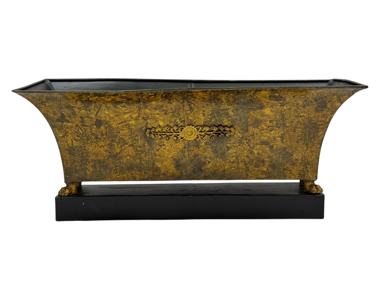 19th C. French Tole Peinte (Painted) Planter: A refined 19th century French tole peinte planter featuring a warm, richly painted surface with a naturally aged patina. The rectangular body has a gently flared rim and is ornamented on the front wit