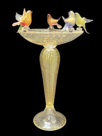 Late 20th C. Italian Murano Glass Bird Bath w/ Murano Glass Birds