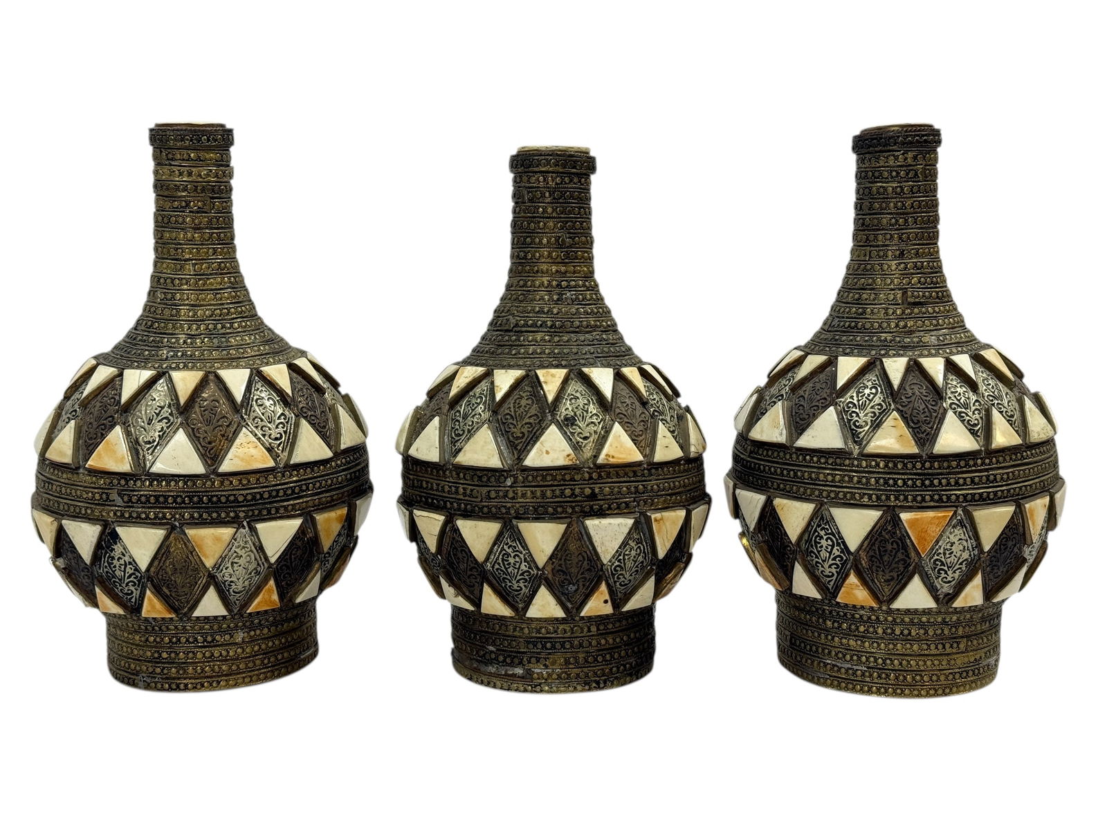 (3) Late 20th C. Metal Wrapped Wood Vessels w/ Bone Inlay: A decorative set of three wood vessels, each constructed with a carved wooden core fully wrapped in embossed metal and inlaid with bone accents. The vessels feature rounded, bulbous bodies rising to t