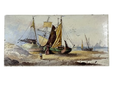 19th C. Hand-Painted Maritime Tile w/ Fishing Vessels