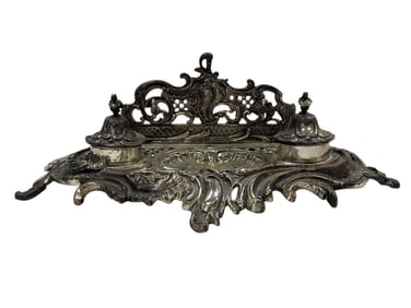 Mid-20th C. Italian Rococo Revival Silverplate Inkwell Desk Set