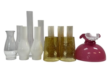 Group of Vintage Art Glass Lamp Shades and Chimneys (12)