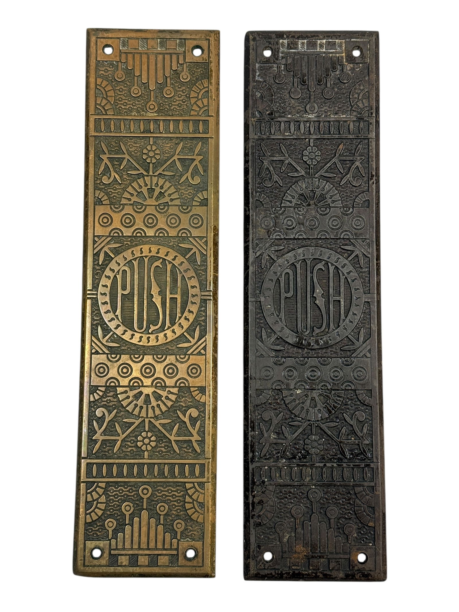19th Century Victorian Bronze Door Push Plates (Pair): A striking pair of late 19th century Victorian bronze door push plates, richly decorated in high-relief with geometric and stylized floral motifs characteristic of the Aesthetic Movement. Each plate p