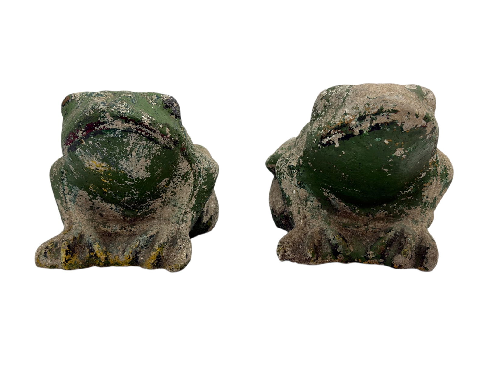 Pair of Early 20th C. Painted Concrete Garden Frogs: A charming pair of painted concrete garden frogs, likely dating to the early 20th century. Each frog is modeled in a crouching pose with expressive facial features and retains remnants of its original