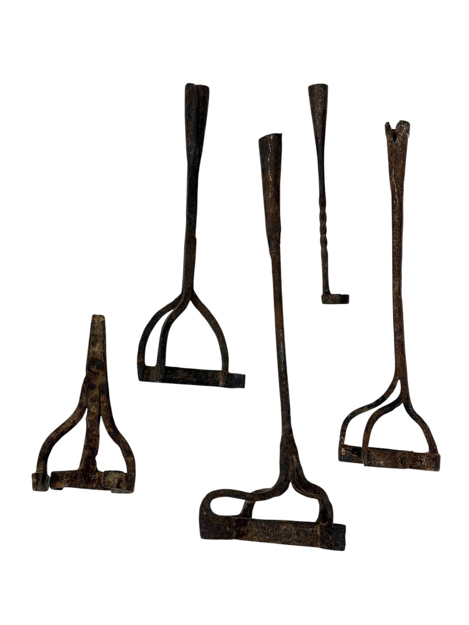 Group of 5 Antique Iron Branding Irons: This is a group of five antique iron branding irons, likely dating to the late 19th or early 20th century. Each piece is hand-forged iron with varying shaft lengths and distinct branding head shapes,
