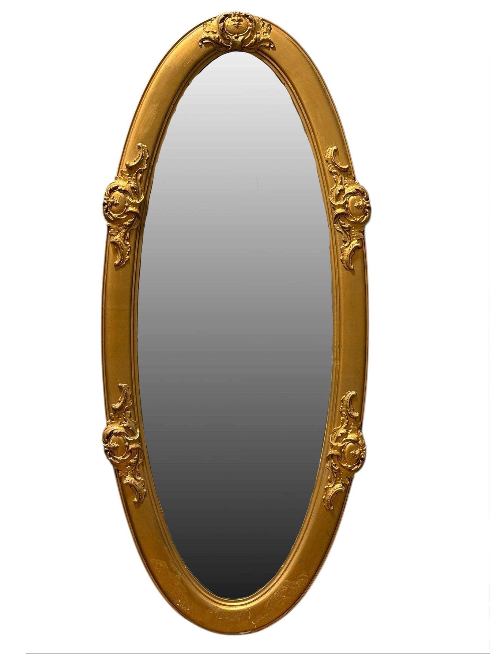 19th C. Victorian Oval Giltwood Mirror: 19th C. Victorian Oval Giltwood Mirror. Measures 60.25" x 26.25". Has some scuffs, cracks, small chips and showing patina on mirror.