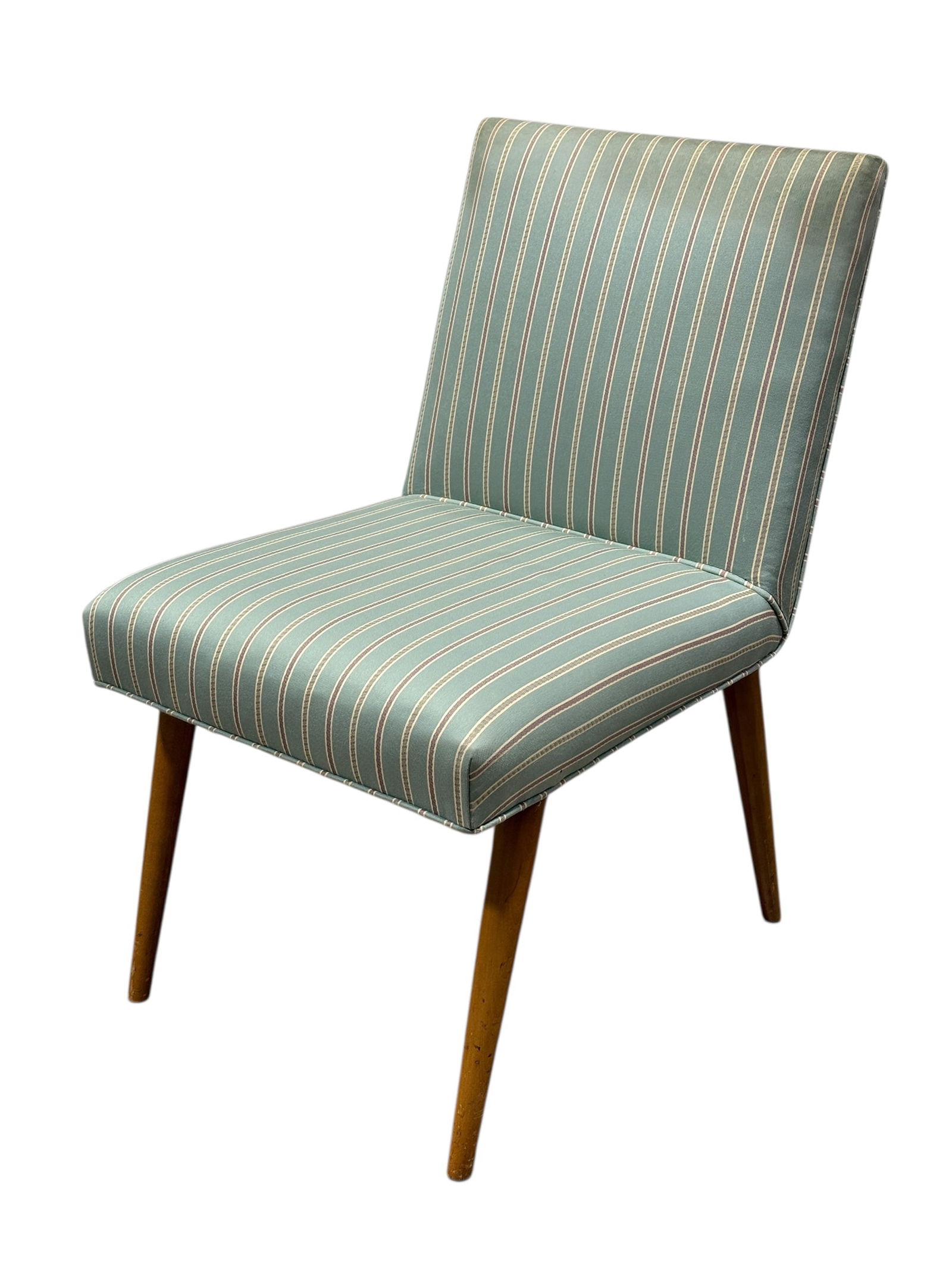 MCM Upholstered Accent Chair w/ Tapered Wood Legs: Classic Mid-Century Modern accent chair featuring clean lines, a gently angled back, and tapered wooden legs. Upholstered in a soft green striped fabric with subtle cream and muted red pinstripes, giv