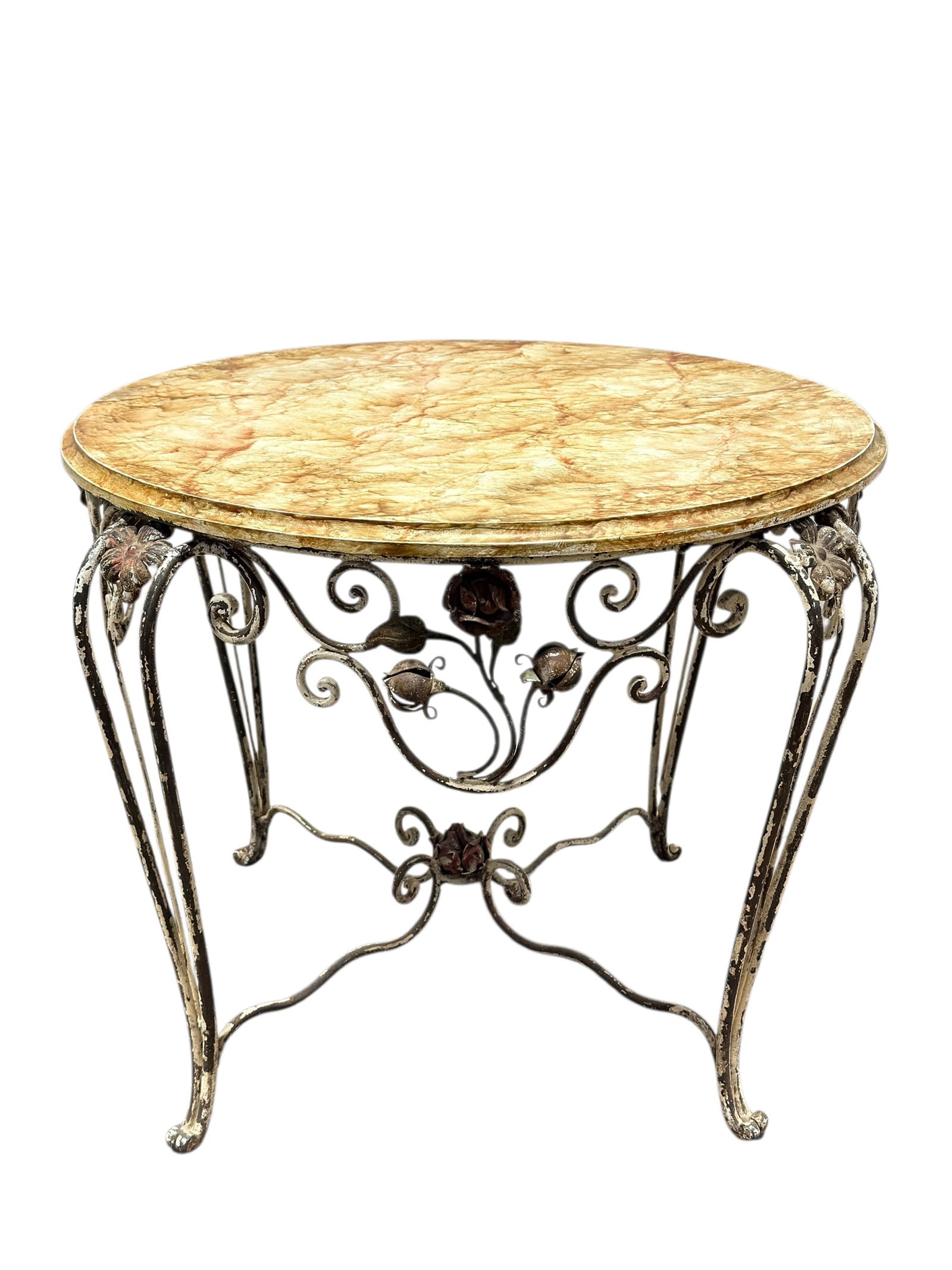 French Iron & Tôle Garden Table w/ Faux Painted Top: This elegant French garden table features a richly detailed iron and tôle base adorned with scrolling forms and floral rosettes, paired with a round painted wood top finished in a warm faux marble tr