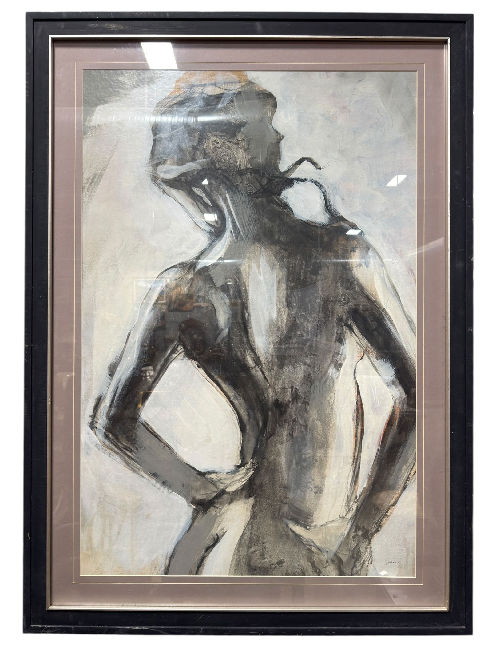 Framed Abstract Nude Figure Print: This framed abstract nude figure print presents a striking, expressive composition rendered in muted tones of charcoal, gray, and soft neutrals, emphasizing fluid line work and gestural form for a mod