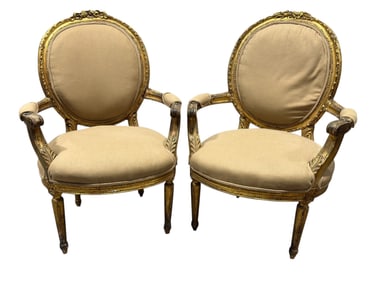 Pair of Late 19th C. French Louis XVI Style Giltwood Armchairs