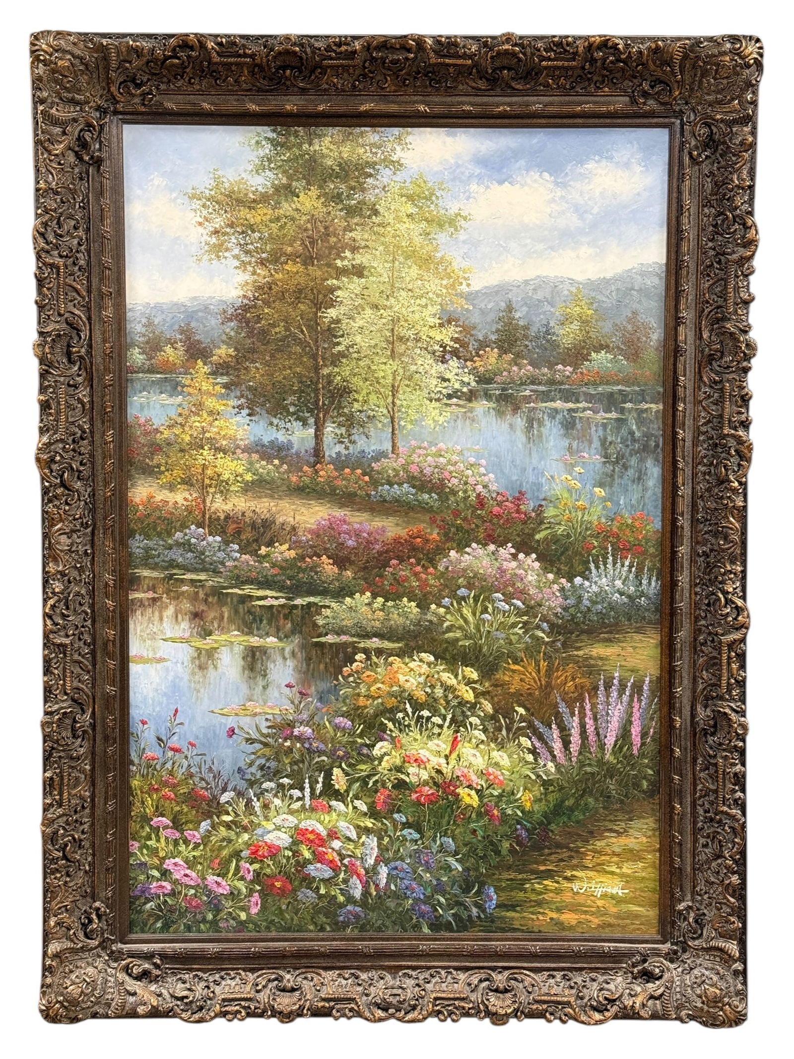 Signed Large Fine Oil on Canvas Landscape Painting: This striking oil on canvas landscape painting is signed and depicts a richly detailed garden and waterscape with flowering banks, lily pads, mature trees, and distant mountains, rendered in a lush, i