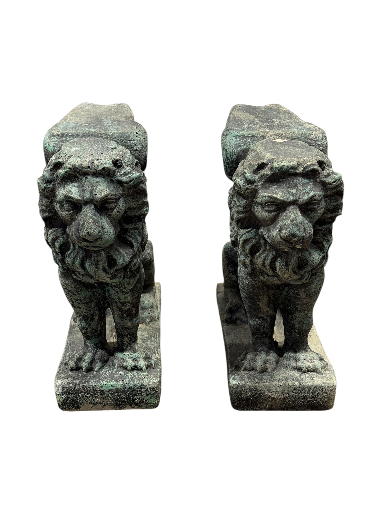Mid-20th C. Cast Stone Winged Lion Garden Statues (Pair): This striking pair of mid-20th century cast stone winged lion garden statues, dating to approximately the 1960s–1980s, feature bold classical styling with detailed manes, stylized wings, and squared