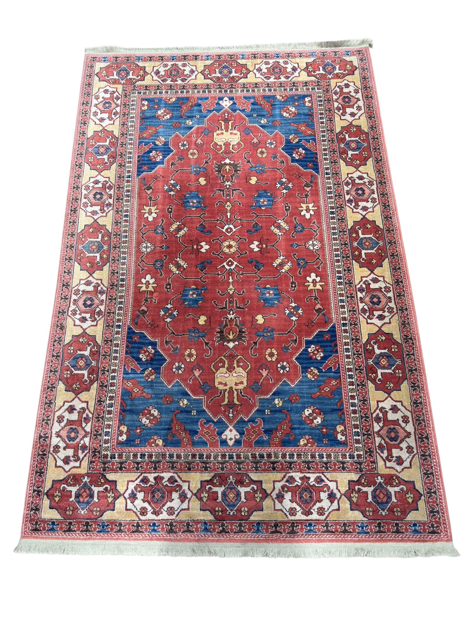 Vintage Karastan Williamsburg “Turkish Church" Wool Rug: This vintage Karastan Williamsburg “Turkish Church” rug, produced in the mid to late 20th century, features a richly saturated red field with bold blue spandrels and intricate floral and geome