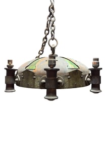 c. 1905-1920 Arts & Crafts Hammered Copper Slag Glass Hanging Chandelier