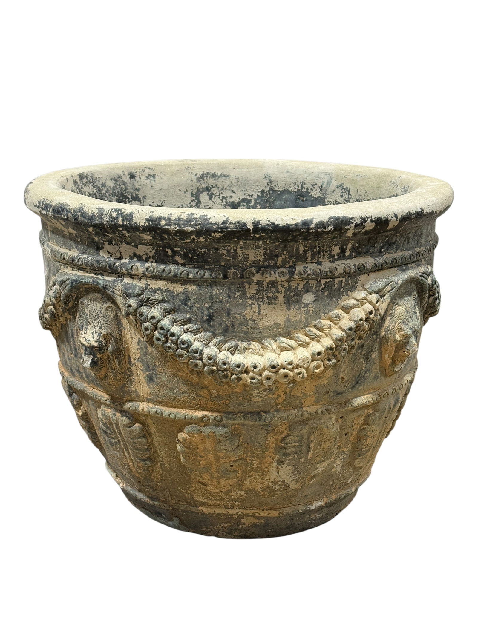 Cast Concrete Garden Urn w/ Classical Relief Decoration: This substantial cast concrete garden urn features a classical neoclassical design with raised figural medallions, draped garland swags, and banded detailing around the body, finished in a naturally w