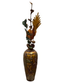 Large Figural Terracotta Floor Vase w/ Faux Botanical Arrangement