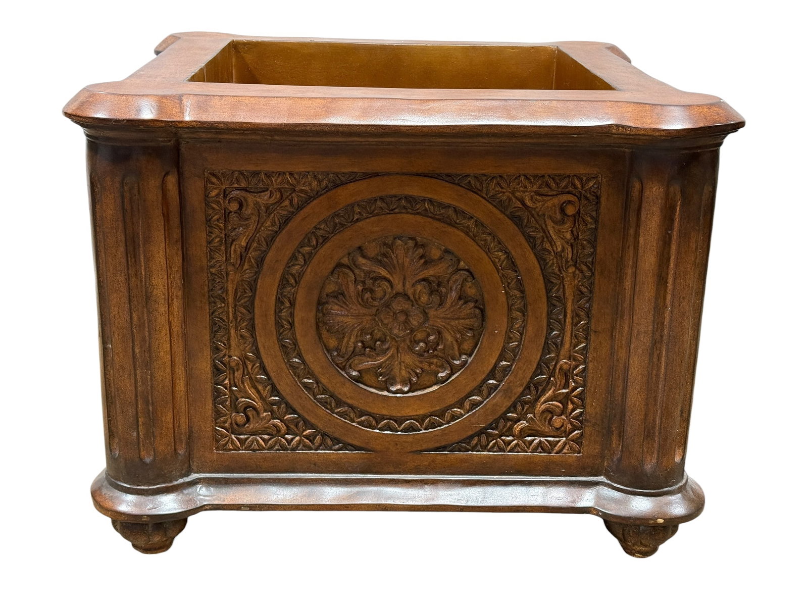 Neoclassical Style Planter Box w/ Medallion Panels: This composite plaster planter box is designed in a neoclassical style, featuring deeply molded oval medallion panels with classical foliate motifs on each side, framed by repeating geometric borders 