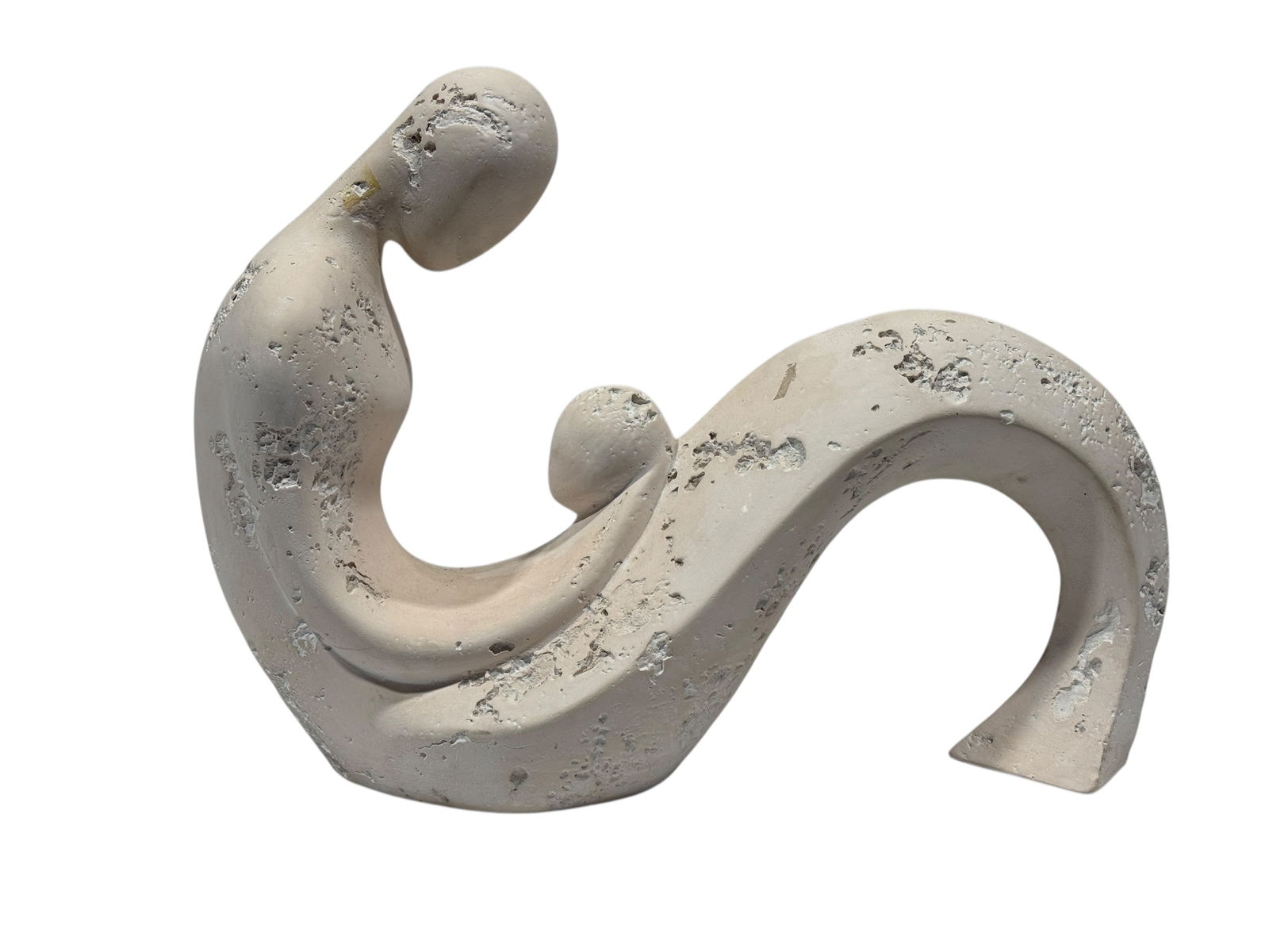 Modern Abstract Mother & Child Sculpture: his contemporary abstract sculpture depicts a stylized mother and child in a flowing, minimalist form, crafted from a composite or stone-like material with a soft cream finish that emphasizes its orga