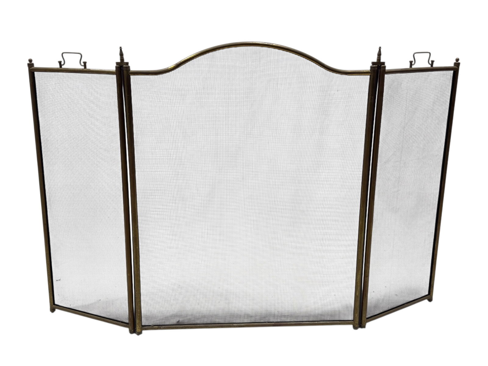 Brass 3 Panel Fireplace Fire Screen: 3 panel fireplace fire screen crafted from brass with fine metal mesh panels and a gracefully arched center section, flanked by hinged side panels that allow for adjustable positioning around the hear