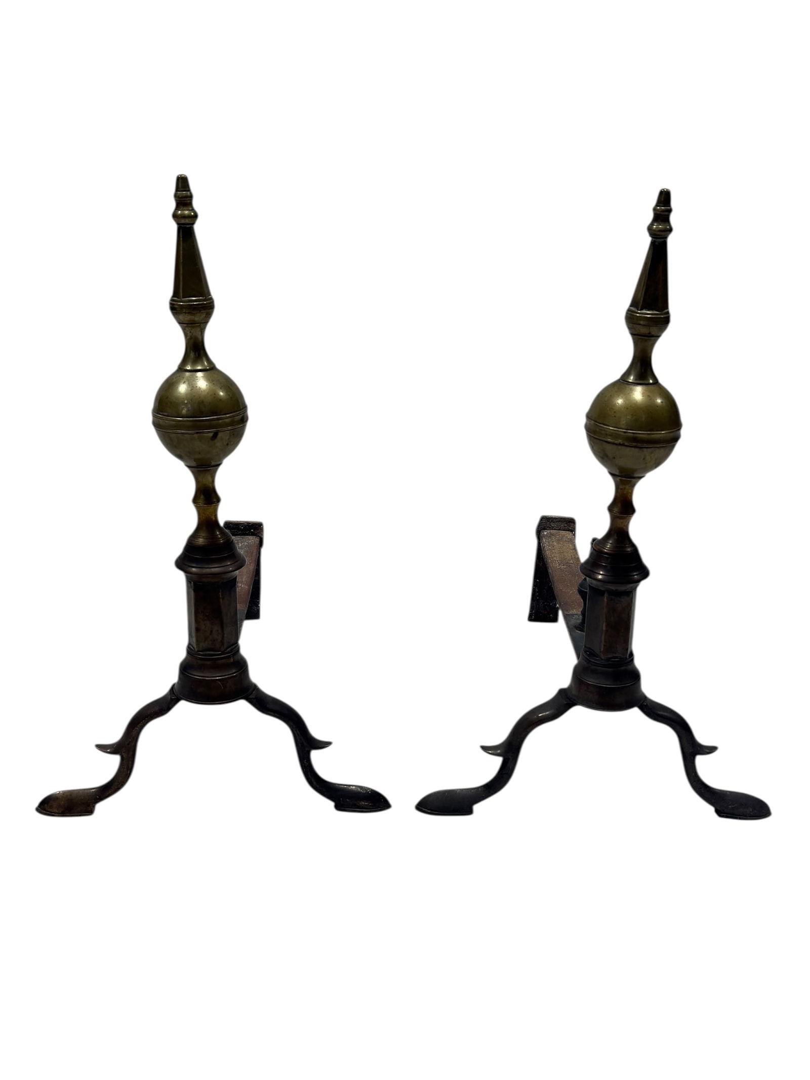 Pair of 19th C. James Davis Boston Brass & Iron Andirons: This pair of 19th century American andirons is by James Davis of Boston and features turned brass urn-form finials over wrought iron shafts with classic arched cabriole-style feet, retaining the origi