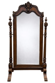 Contemporary Cheval Floor Mirror w/ Carved Frame & Scroll Feet