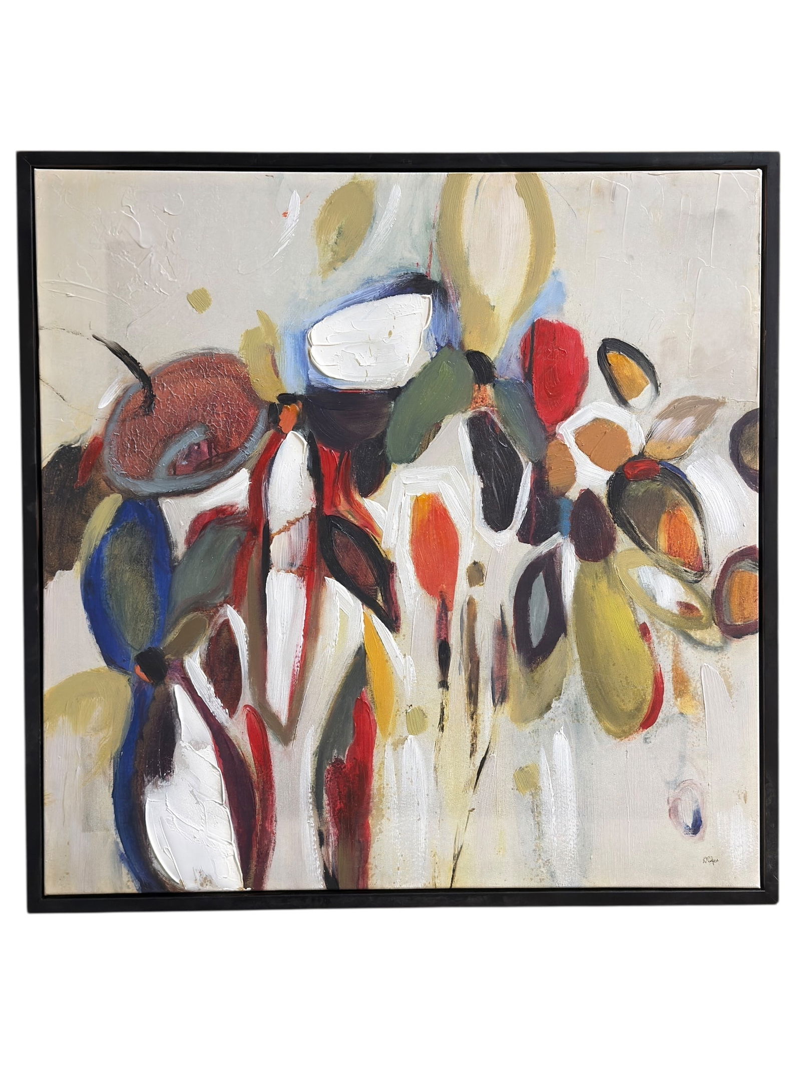 Contemporary Abstract Embellished Print in Black Frame: This contemporary abstract embellished print features a lively composition of organic forms and gestural marks in a palette of cream, ochre, red, blue, olive, and black, with hand-applied paint additi