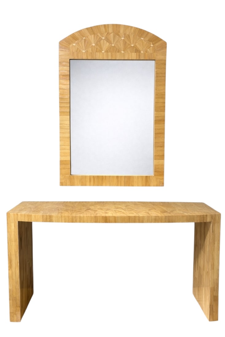 Mid Century Bamboo Veneered Console Table w/ Wall Mirror: This mid-century modern console table and matching wall mirror feature warm bamboo veneer with striking geometric parquetry across the tabletop and arched mirror crest, showcasing the natural variatio