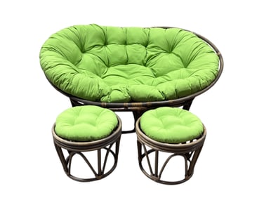 Rattan Papasan Sofa with Two Matching Stools and Cushions