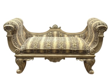 Ornately Carved Upholstered Wood Bench w/ Scroll Arms