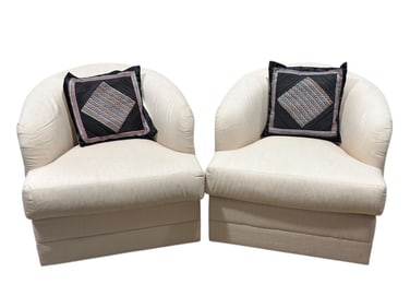 Contemporary Upholstered Swivel Club Chairs, Pair