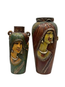 (2) Hand-Painted Terracotta Figural Vases w/ Female Portraits