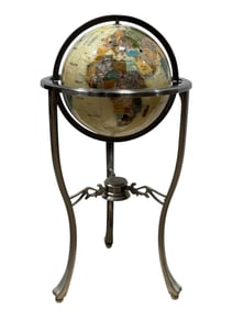 Gemstone Inlaid World Globe on Metal Stand w/ Compass