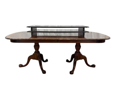 Mahogany & Burl Band Inlay Dining Table w/ 2 Leaves