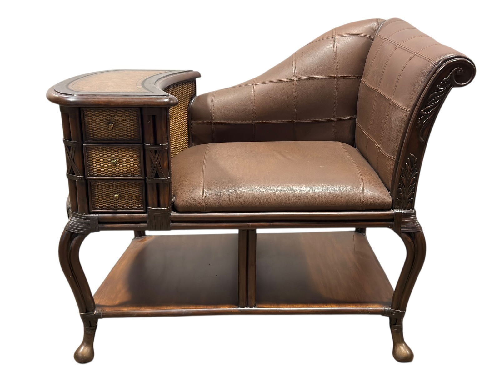 Lounge Chair w/ Integrated Side Table & Drawers: Lounge chair featuring a sculptural wood frame with curved legs and an integrated side table fitted with three small drawers, finished in a warm brown tone with woven cane-style drawer fronts and side