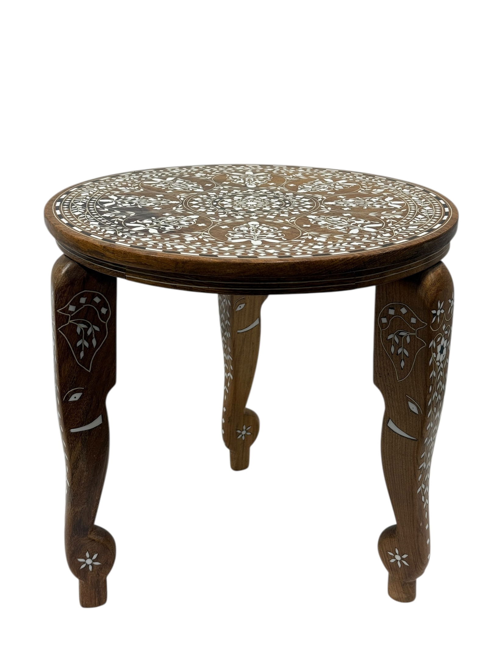 Indian Inlaid Wooden Side Table w/ Bone Inlay: This handcrafted Indian side table features a round hardwood top richly decorated with intricate white bone inlay forming floral and geometric motifs radiating from a central medallion, complemented b