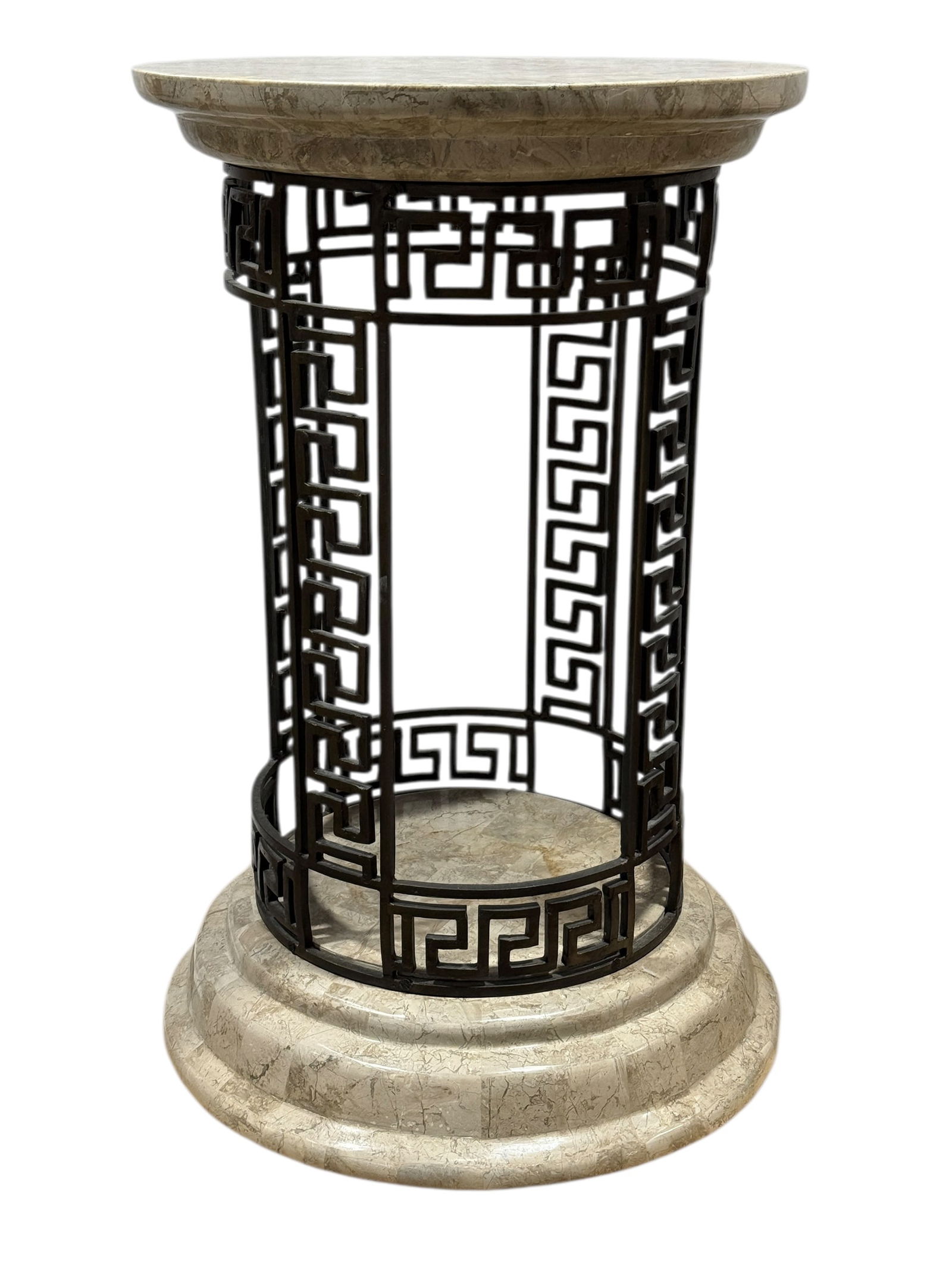 Marble Veneer Pedestal Side Table w/ Greek Key Metal Base: This striking pedestal side table features a round faux marble veneer top and stepped base in a warm cream and beige stone pattern, paired with an openwork dark-toned composite metal frame adorned thr