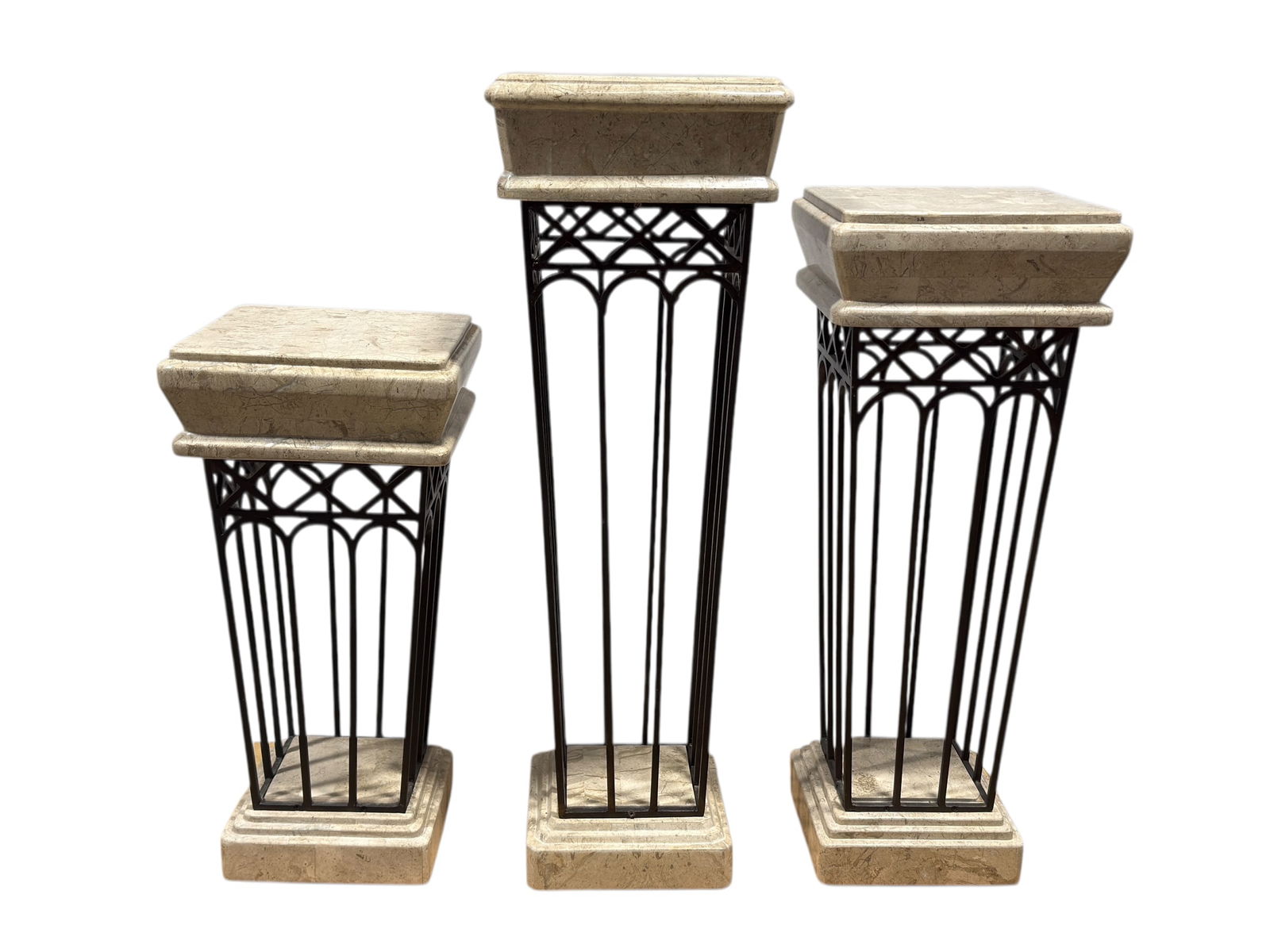 Set of 3 Veneer Marble & Metal Pedestal Tables: This coordinated set of three pedestal tables features veneer marble tops and bases paired with dark metal supports, each designed in graduated heights for versatile display or accent use, showcasing
