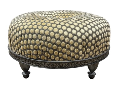 Upholstered Round Ottoman with Ornate Metal Base