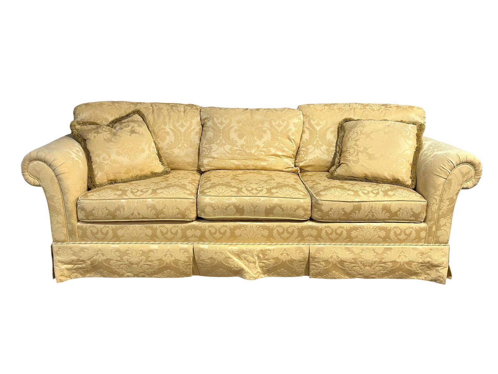 Kindel Grand Rapids Upholstered Damask Sofa: Elegant three-cushion sofa by Kindel Fine Upholstered Furniture of Grand Rapids, featuring a classic rolled-arm form upholstered in a gold-toned damask fabric with floral scroll pattern, finished with