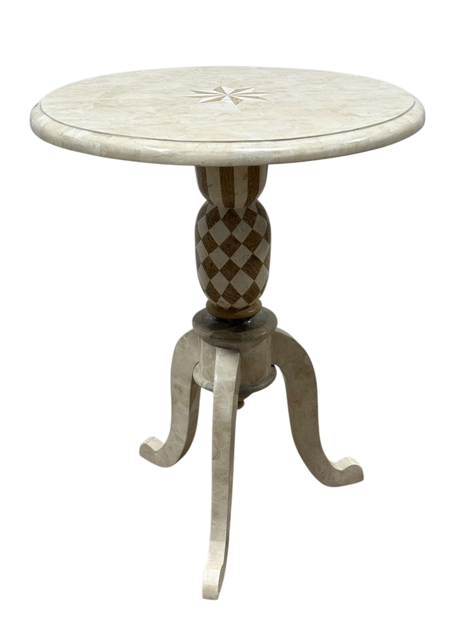 Round Veneer Marble Top Pedestal Table w/ Inlaid Starburst: Elegant round accent table featuring a veneer marble top with a central inlaid starburst motif, supported by a sculptural pedestal base also finished in coordinating veneer marble, the base formed wit