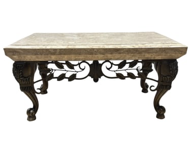 Veneer Marble Top Table on Ornate Composite & Metal Base
